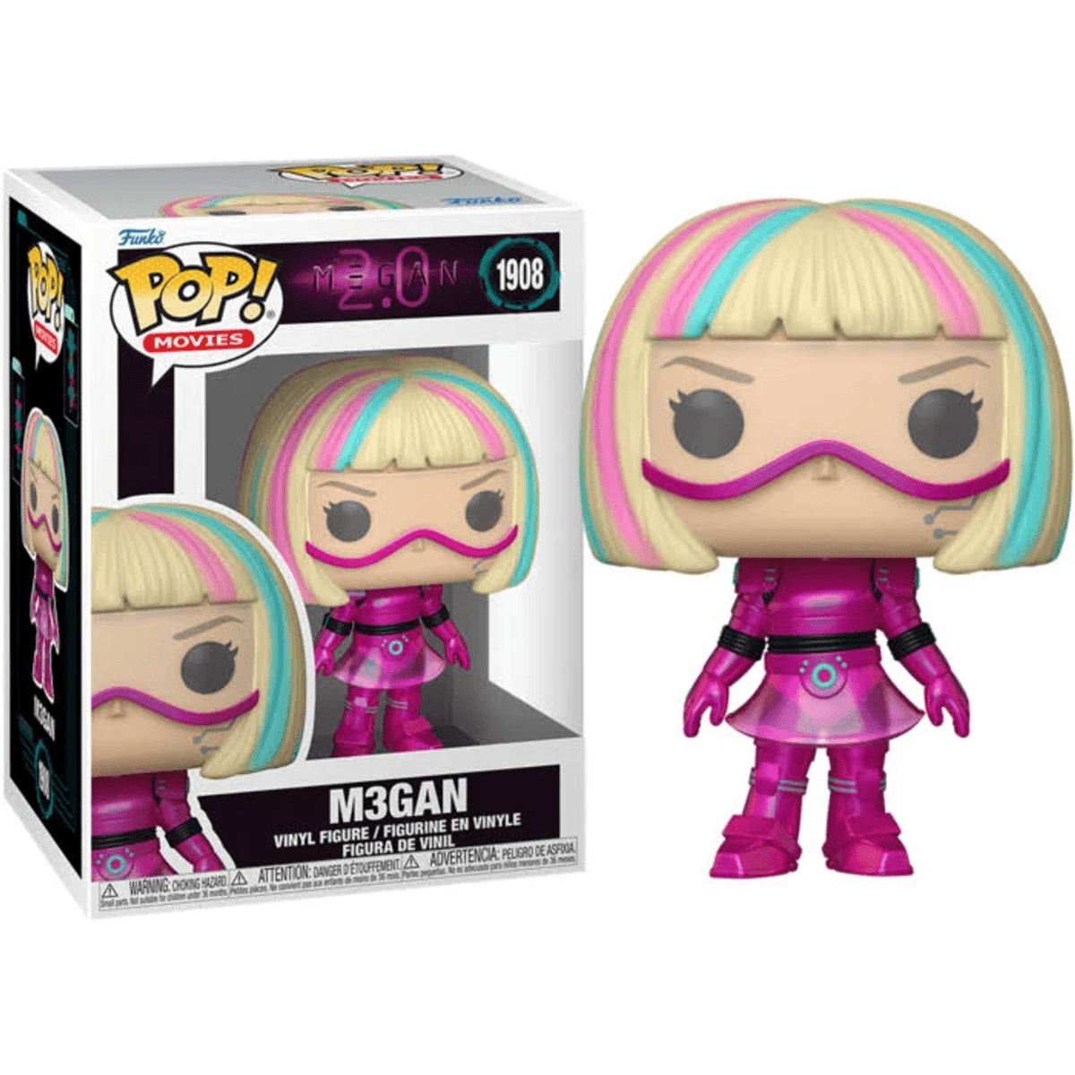 Un Funko Pop de vinilo de M3GAN con pelo rubio, mechas rosas y azules, y máscara morada.