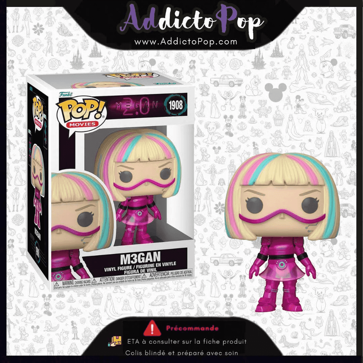 Figura Funko Pop M3GAN en rosa con pelo rubio y azul, en caja.