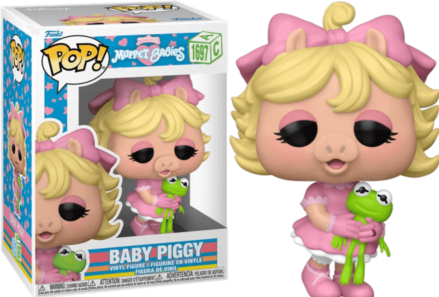 Figura Funko Pop Baby Piggy en vestido rosa sujetando rana. Empaque al fondo.