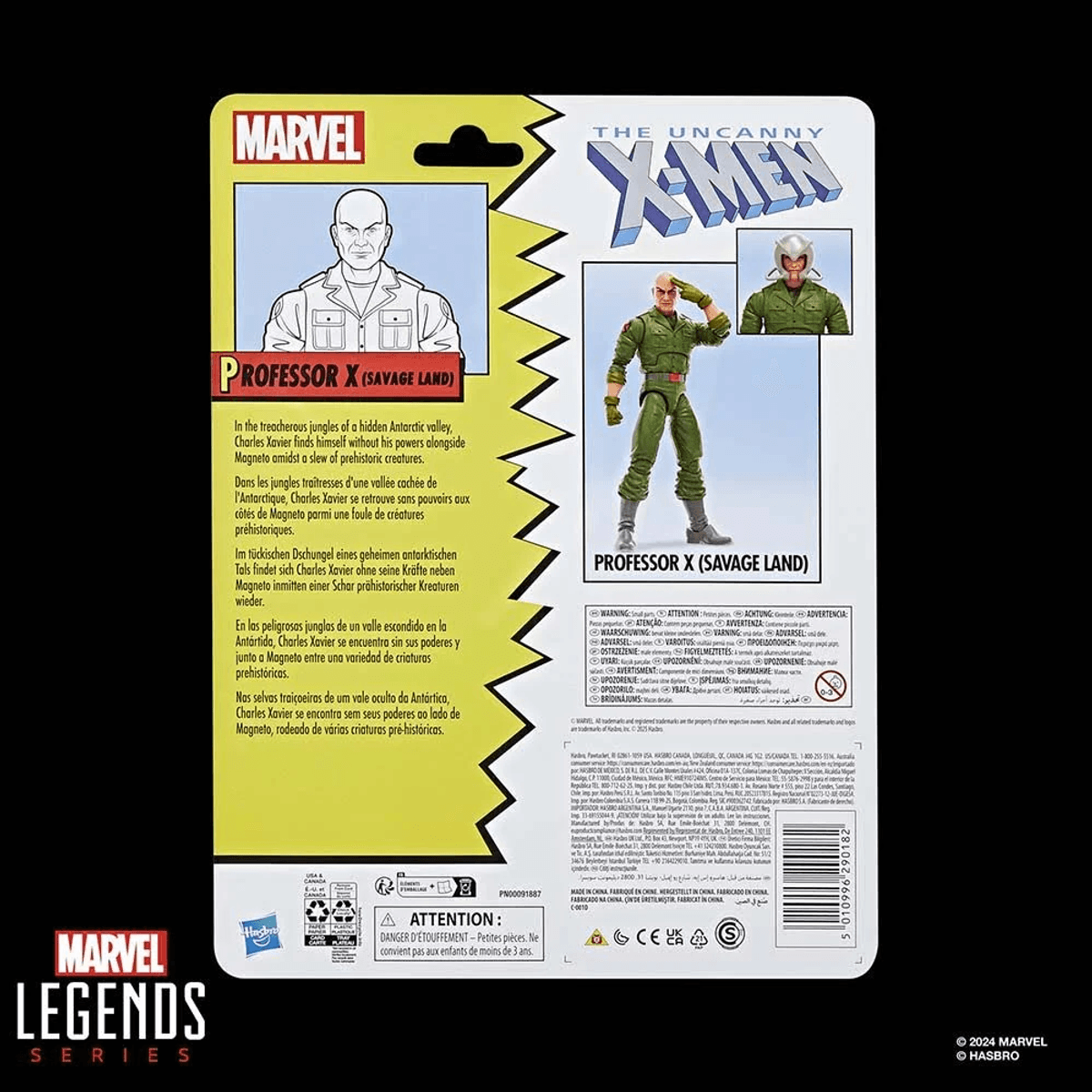 Parte posterior del embalaje de una figura de acción de Marvel Legends Professor X (Savage Land).