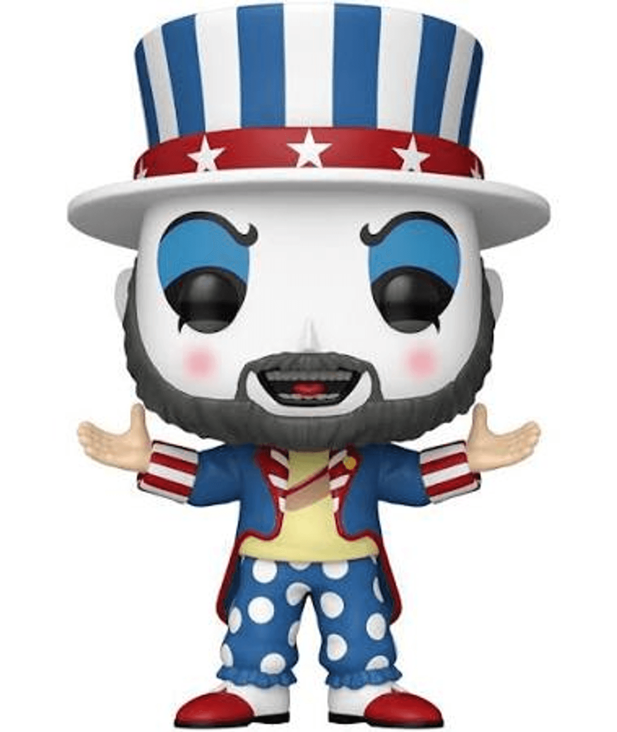 Figura con sombrero de copa a rayas, banda de estrellas, chaqueta azul, chaleco amarillo y pantalones de lunares.