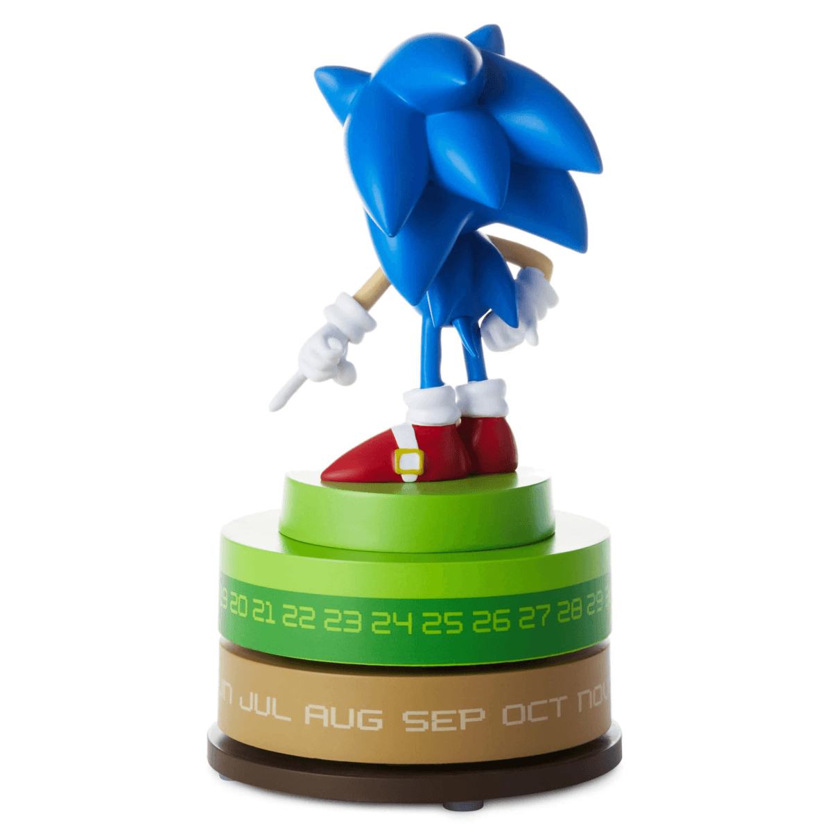 Sonic el erizo está sobre un calendario. Niveles verdes y marrones con números y meses.