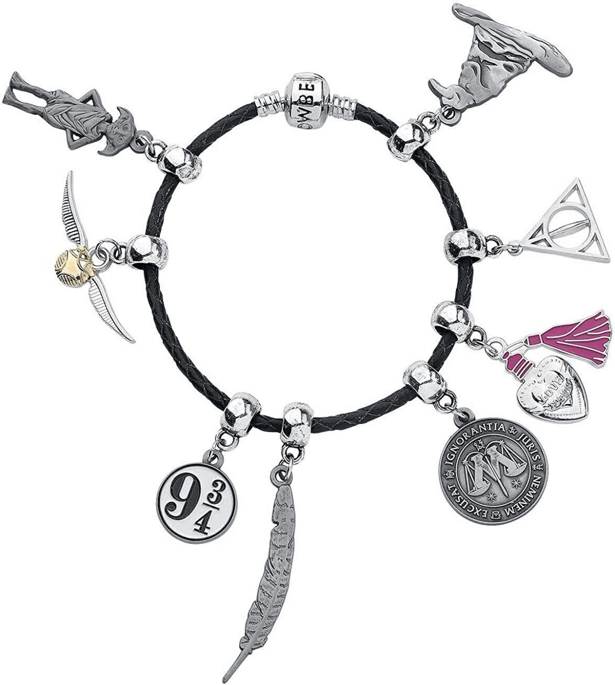 Una pulsera con dijes de Harry Potter: Dobby, Snitch, Reliquias de la Muerte, pluma, 9 3/4, balanza.