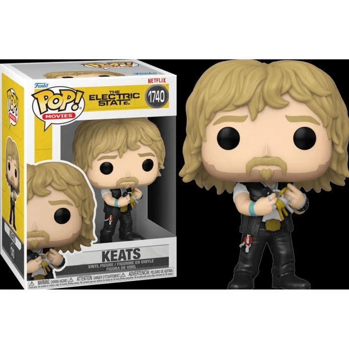 Funko Pop! Vinyl Figur von Keats aus The Electric State. Blonde Haare, Schnurrbart.