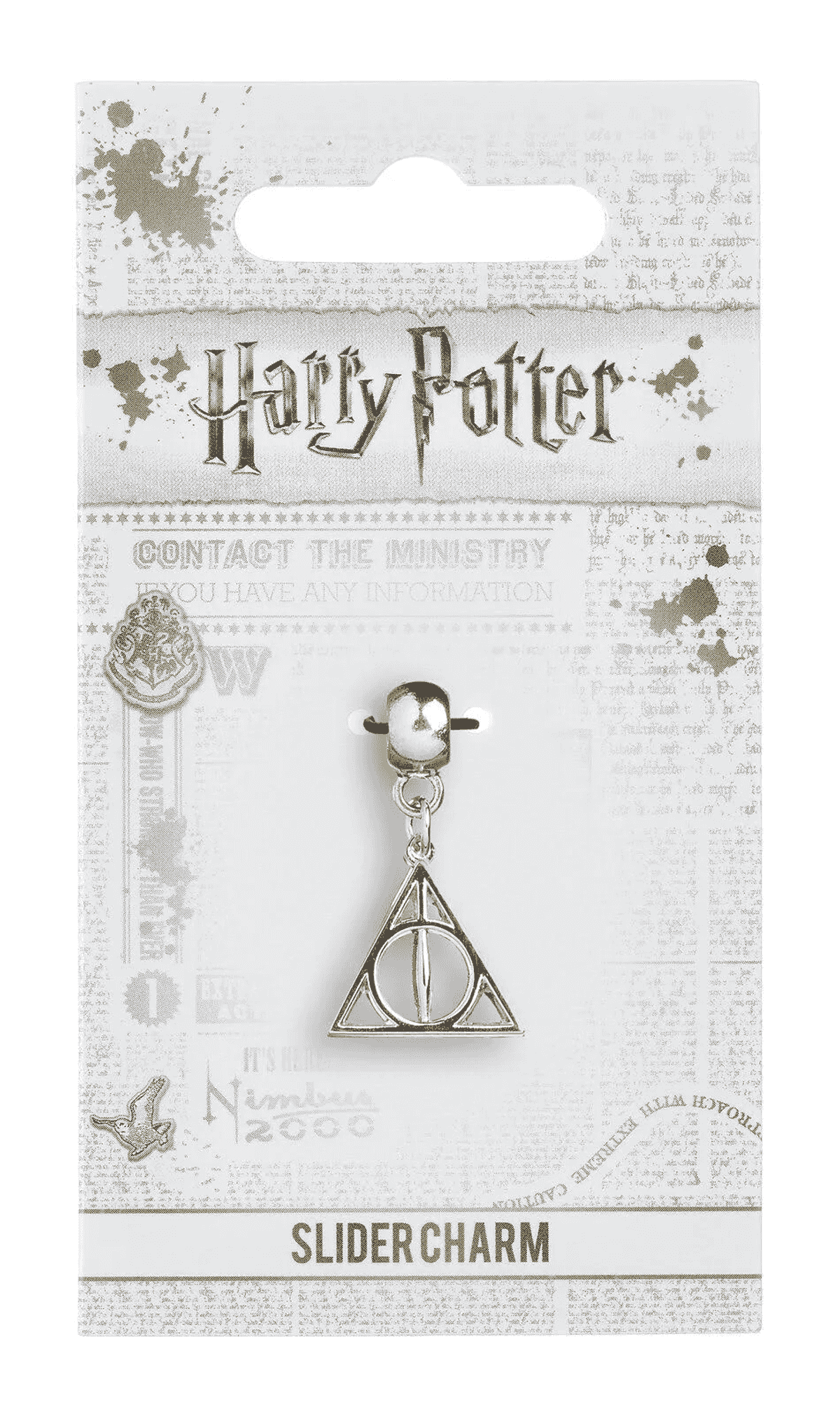 Charm deslizante de Harry Potter con símbolo de las Reliquias de la Muerte en empaque.