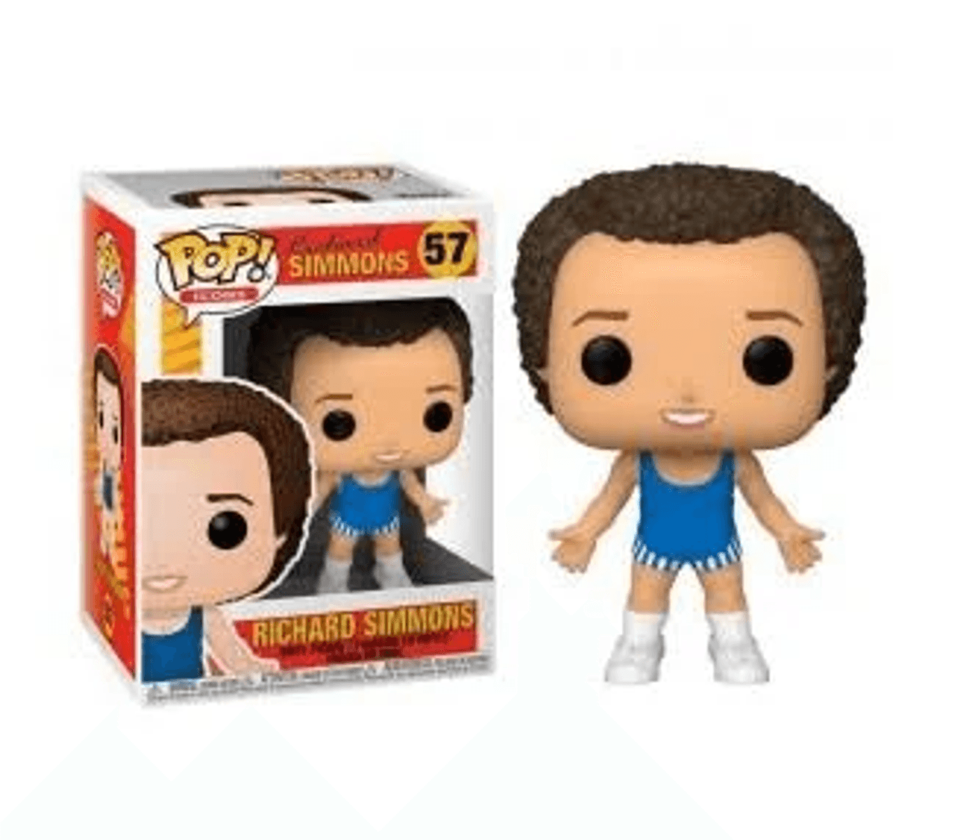 Richard Simmons Funko Pop Figur in blauer Badebekleidung neben der Verpackung.