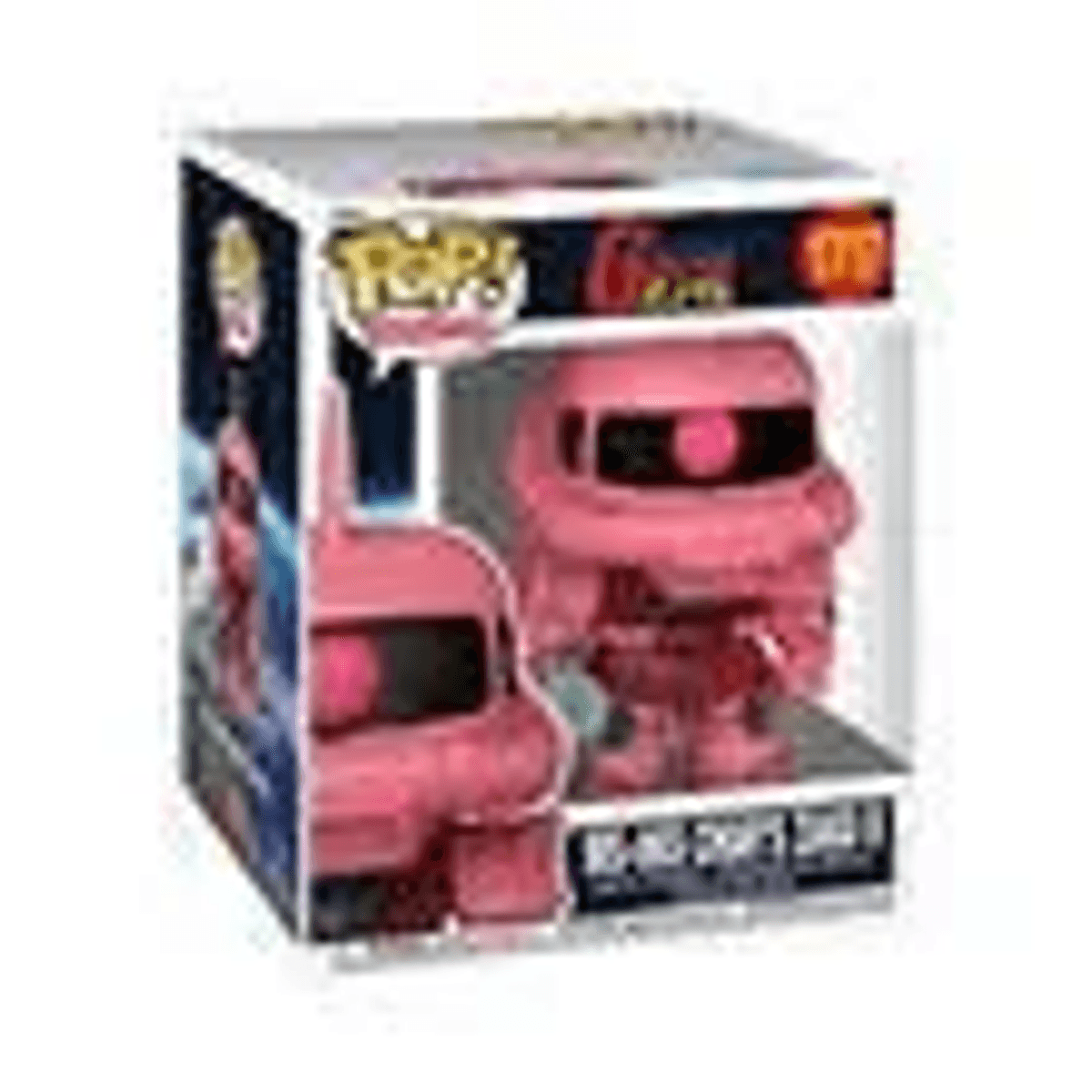 Figura de robot Funko Pop rosa en caja con visor negro y ojo rosa.
