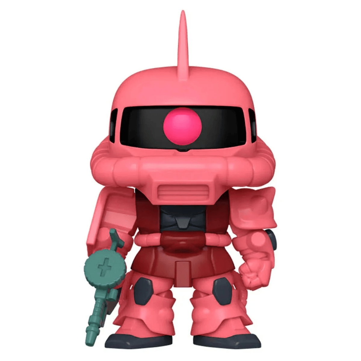 Un robot rosa con un ojo y un arma.