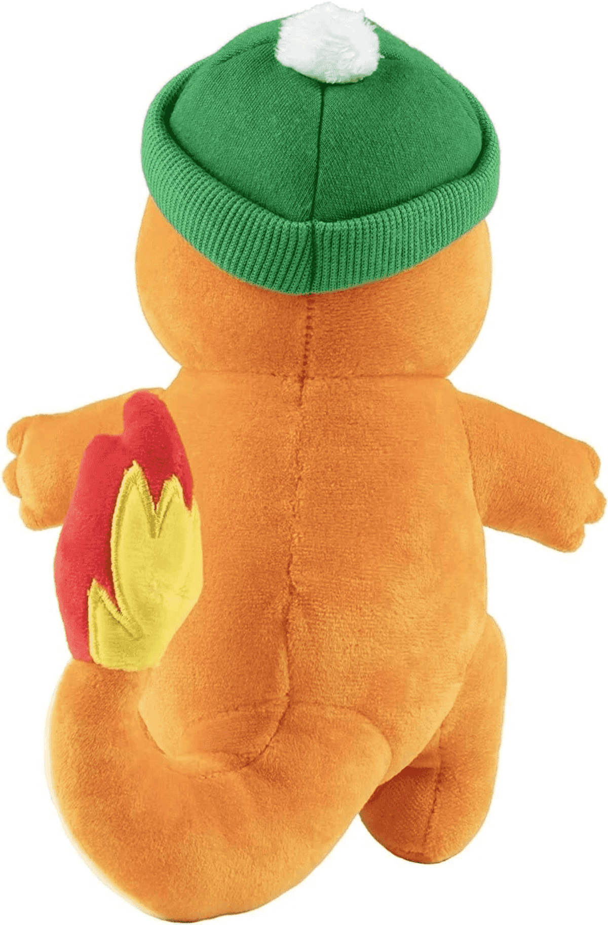 Charmander de peluche naranja con gorro verde y pompón, y cola con llama.