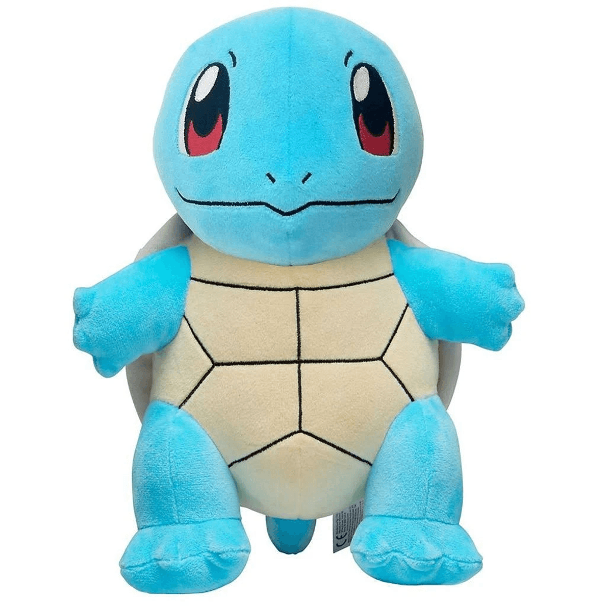 Peluche azul de Squirtle con caparazón color crema, sentado erguido.