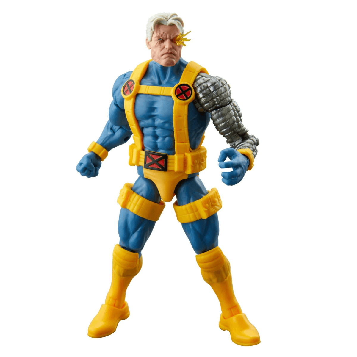Figura de acción de un hombre con traje azul, ribetes amarillos y brazo mecánico.