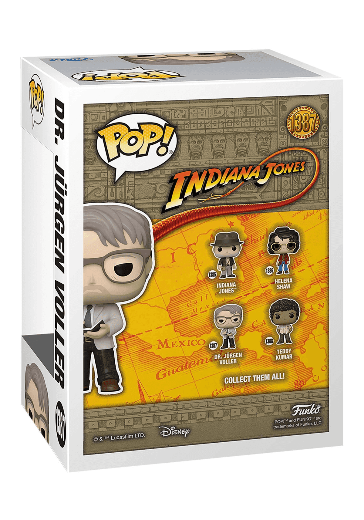 Caja Funko Pop! Indiana Jones con Dr. Jurgen Voller y otras figuras en mapa del mundo.