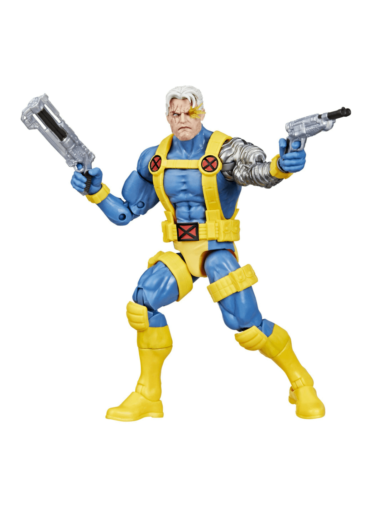 Figura de acción de Cable con traje azul, correas amarillas y armas.