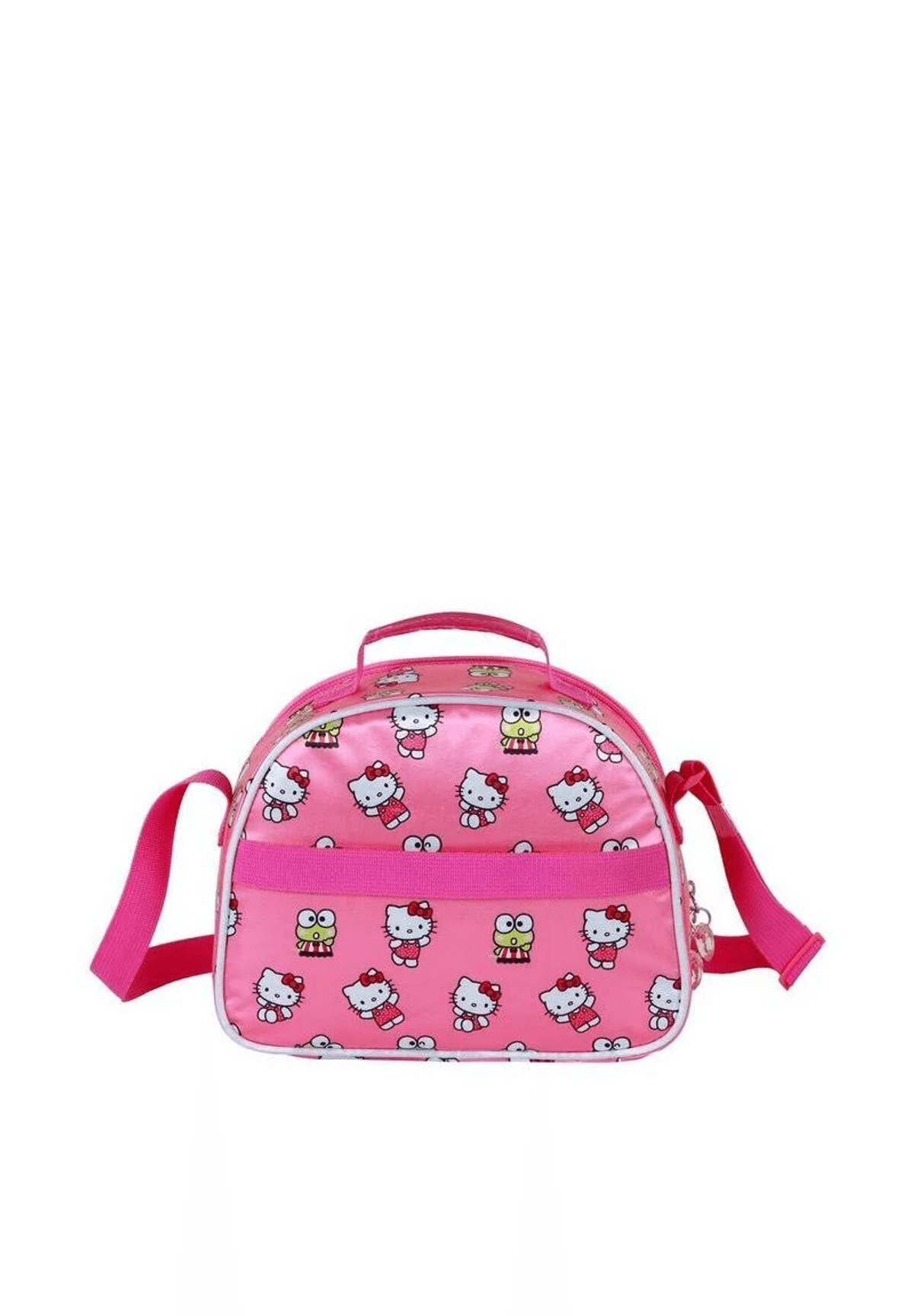 Una pequeña bolsa rosa con estampado de Hello Kitty y un bolsillo delantero.