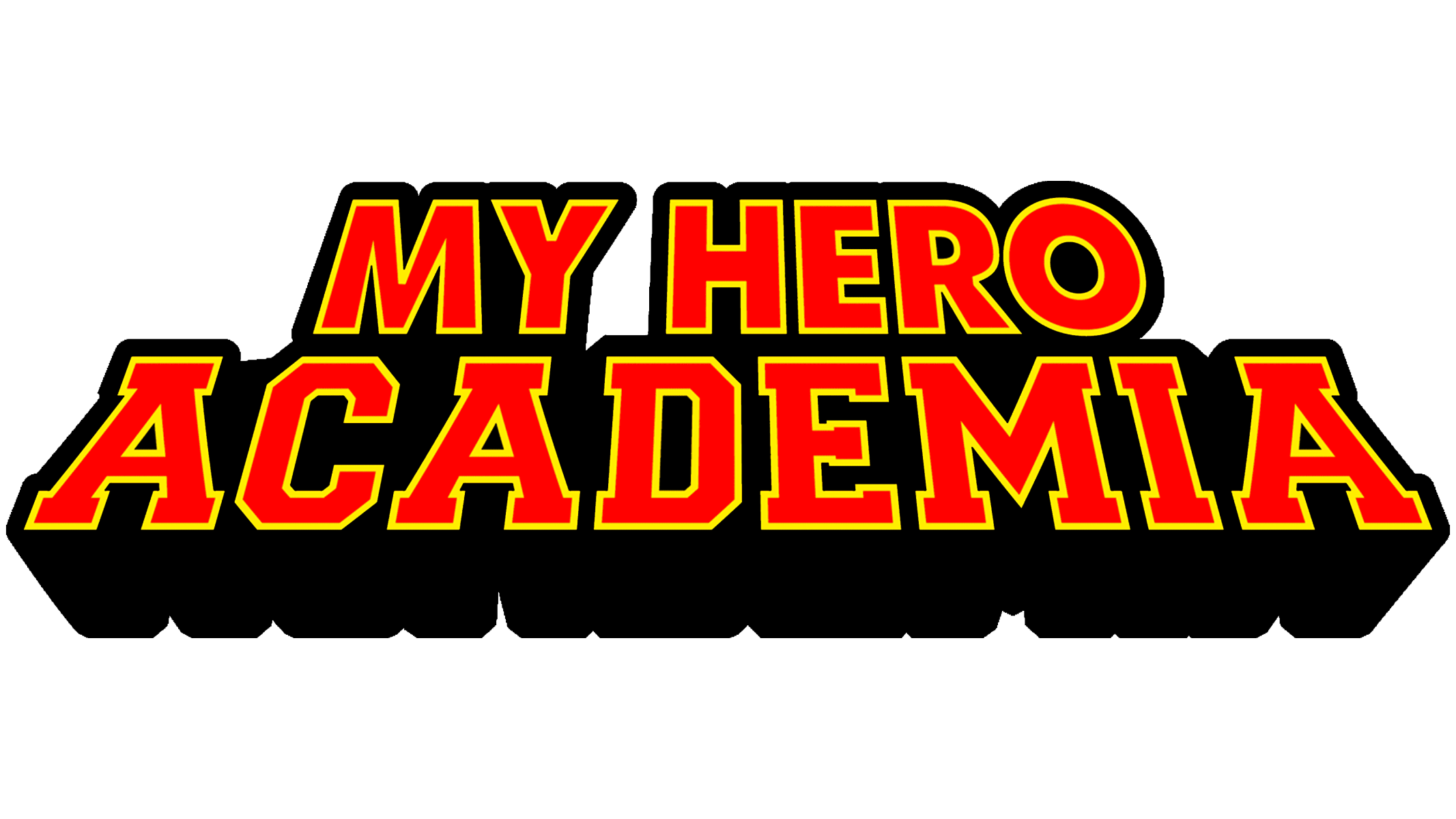 Logo de My Hero Academia. Texto rojo con borde amarillo sobre negro.