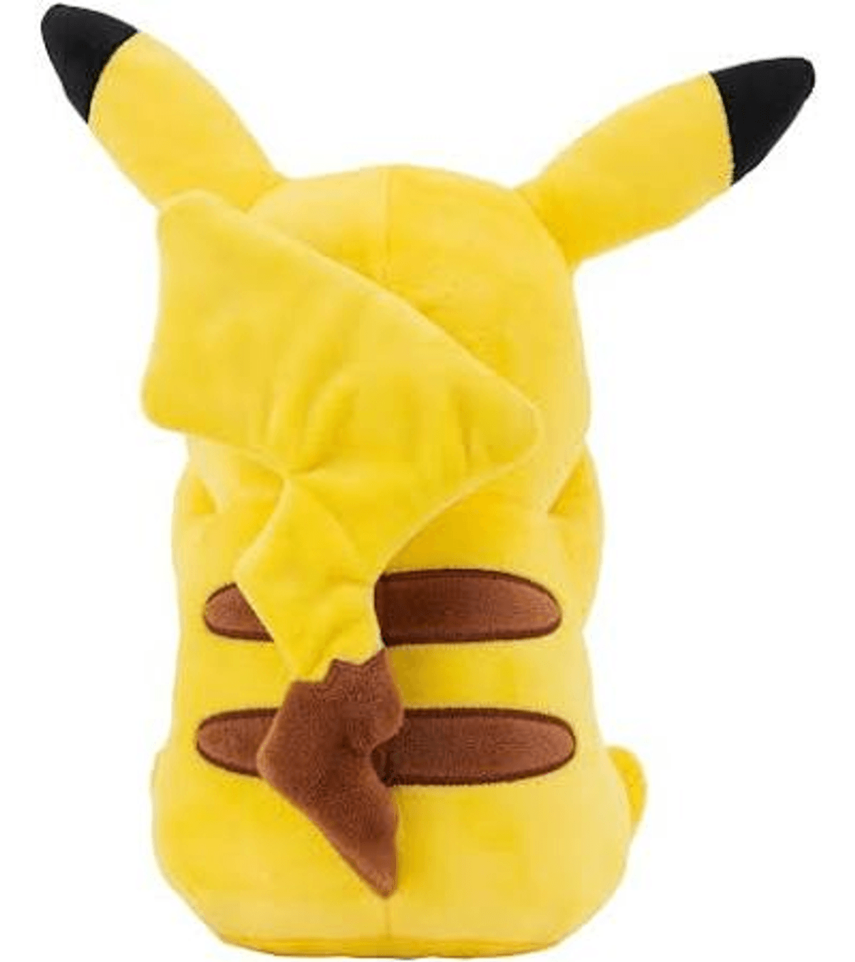Un peluche amarillo de Pikachu, visto desde atrás, con rayas marrones.