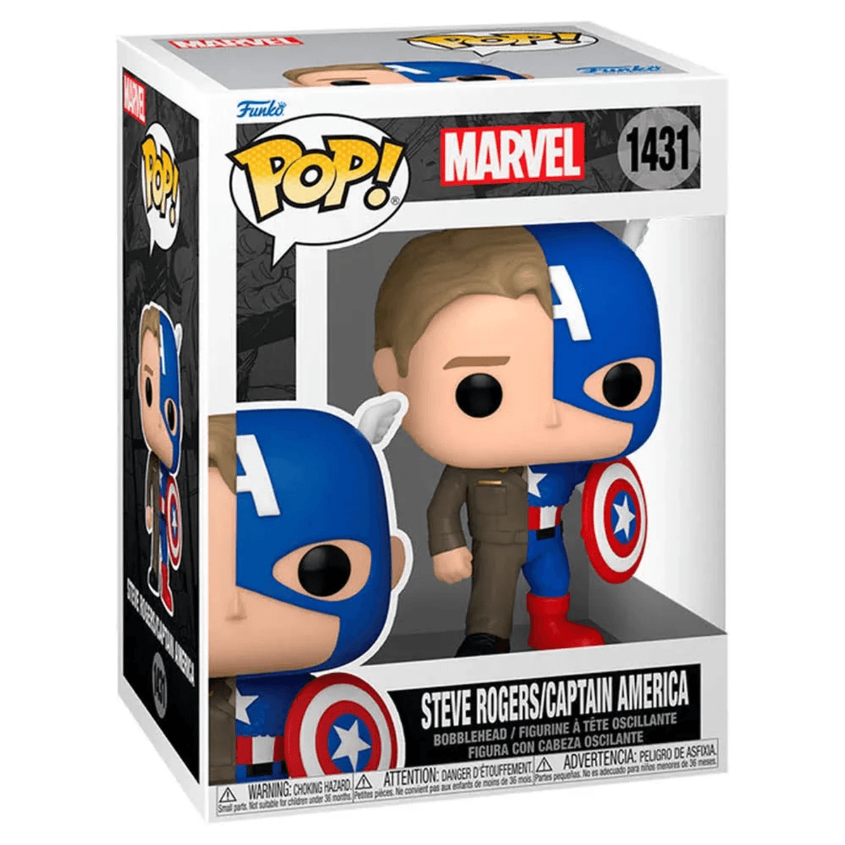 Caja Funko Pop con figura de Capitán América, mitad Steve Rogers, mitad Capitán América.