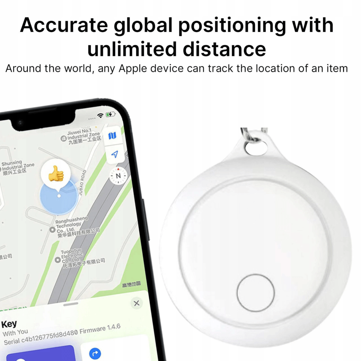 Un smartphone muestra un mapa con una ubicación y un rastreador blanco al lado.