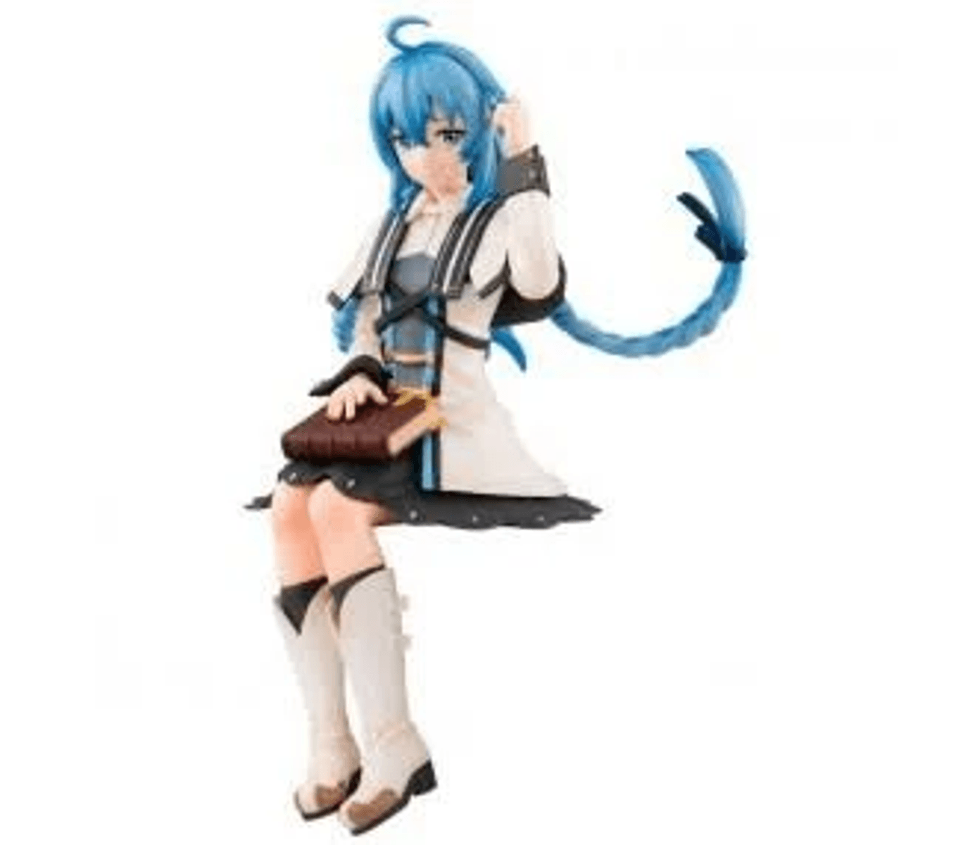 Una figura de anime con cabello azul, sentada sobre un libro.