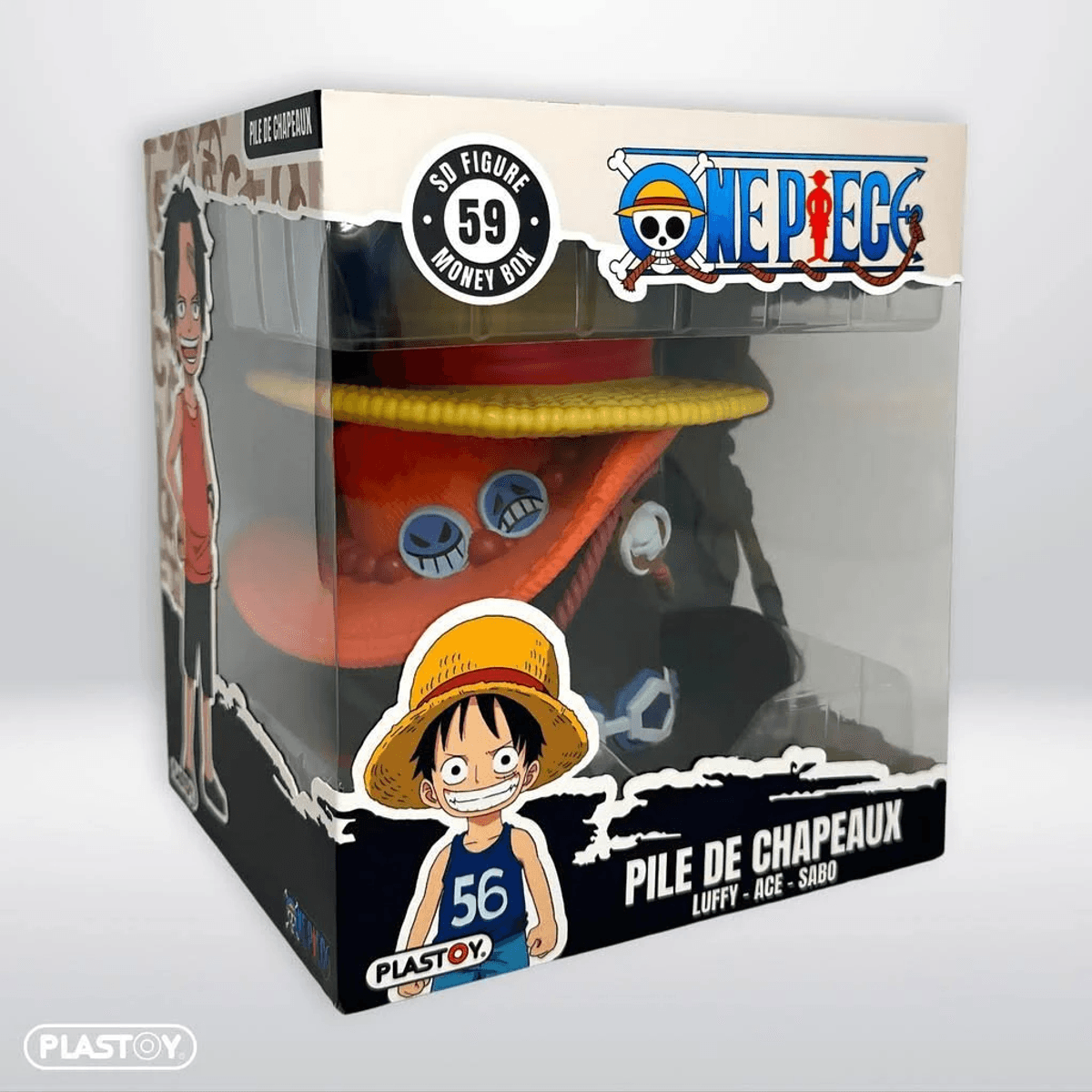 Hucha One Piece: un sombrero con personajes de anime y texto "Pile de Chapeaux".