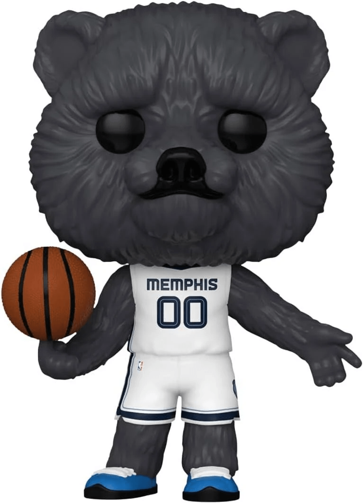 Ein grauer Bär mit Basketball-Trikot hält einen Basketball.