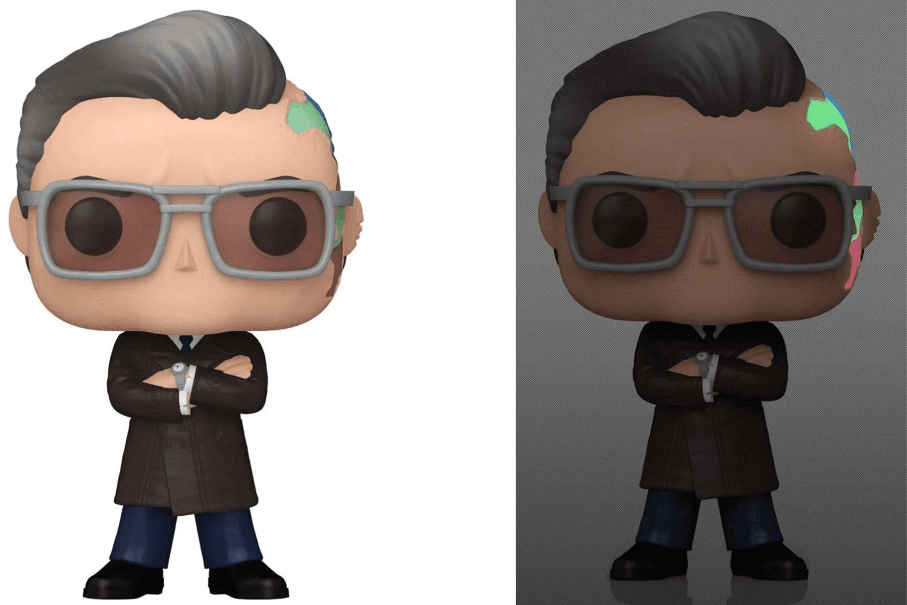 Ein Funko-Pop-Charakter mit braunem Mantel, Brille und gefärbtem Haar.