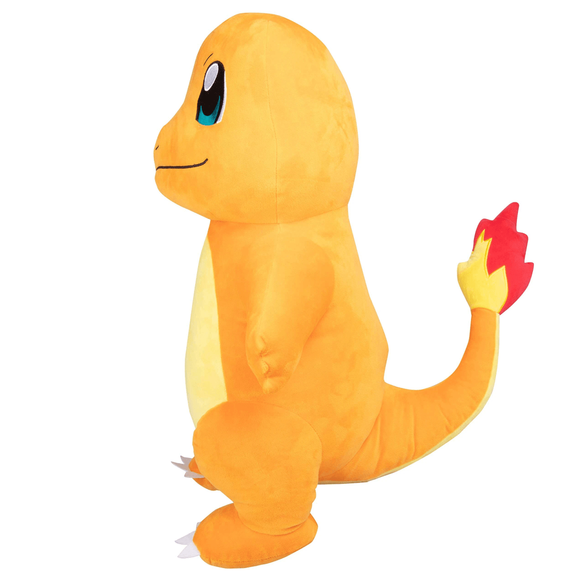 Peluche naranja de Charmander de Pokemon, mirando a la izquierda, con cola de llama.