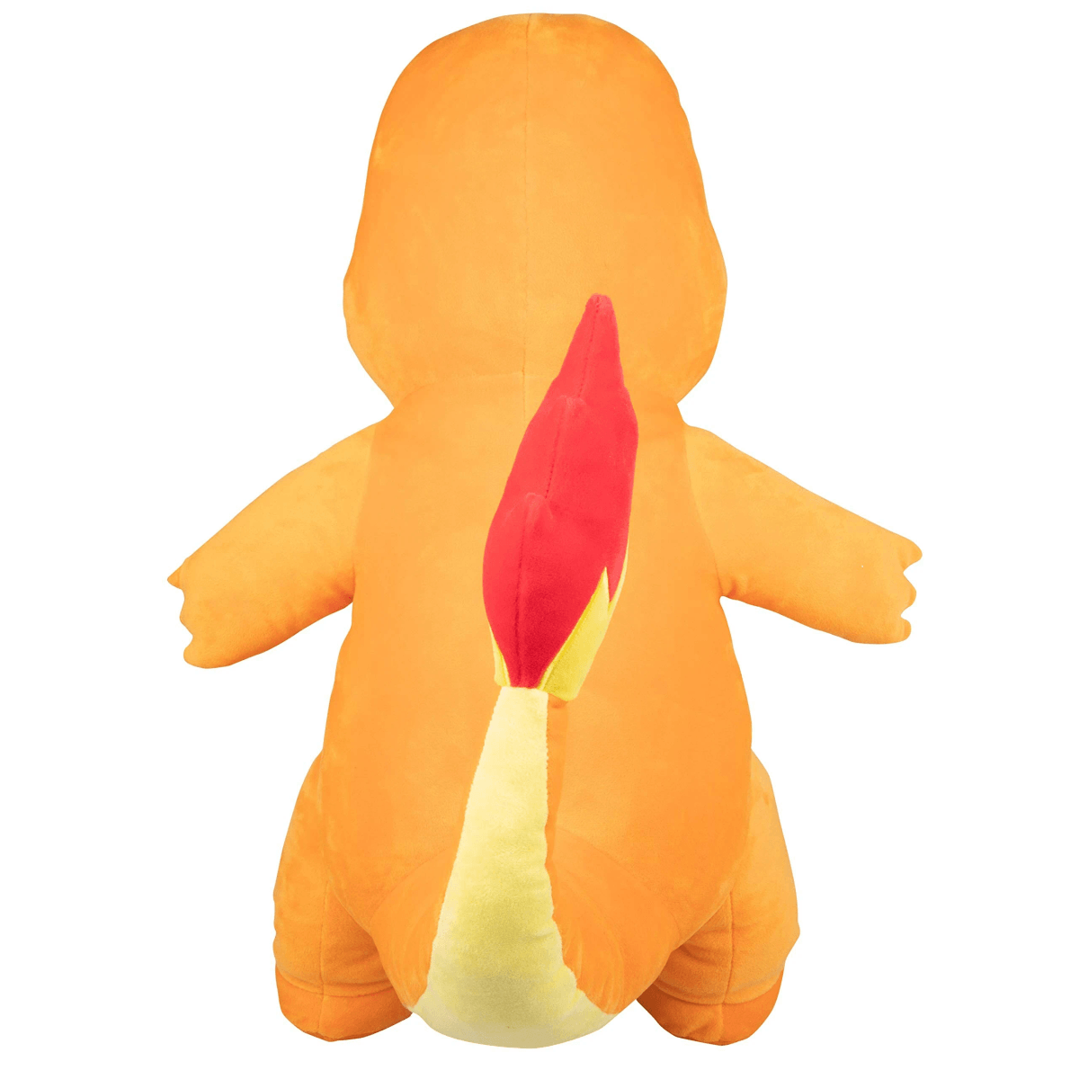 Vista trasera de un peluche Charmander naranja con cola de llama roja.