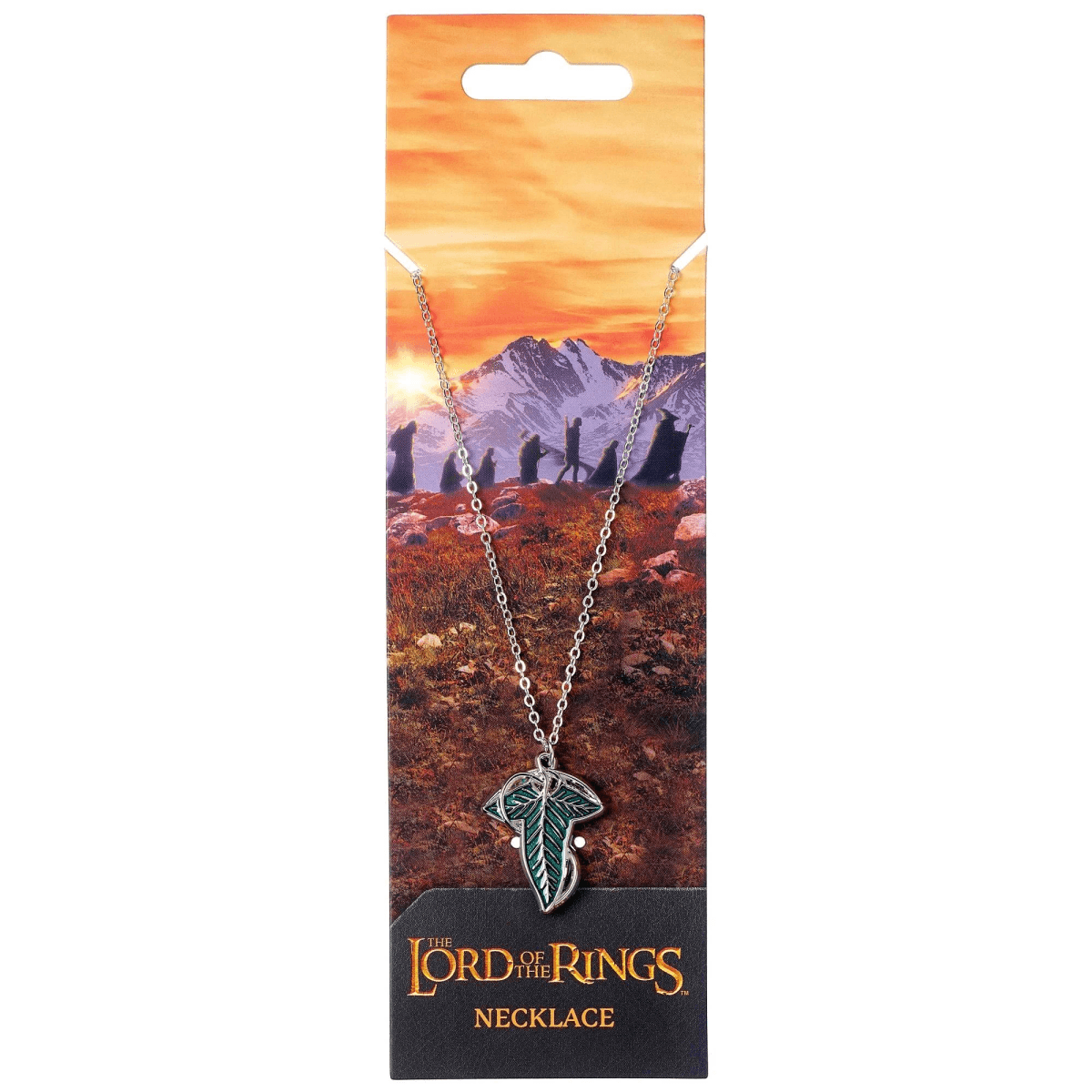 Collar de El Señor de los Anillos con colgante de hoja en tarjeta.