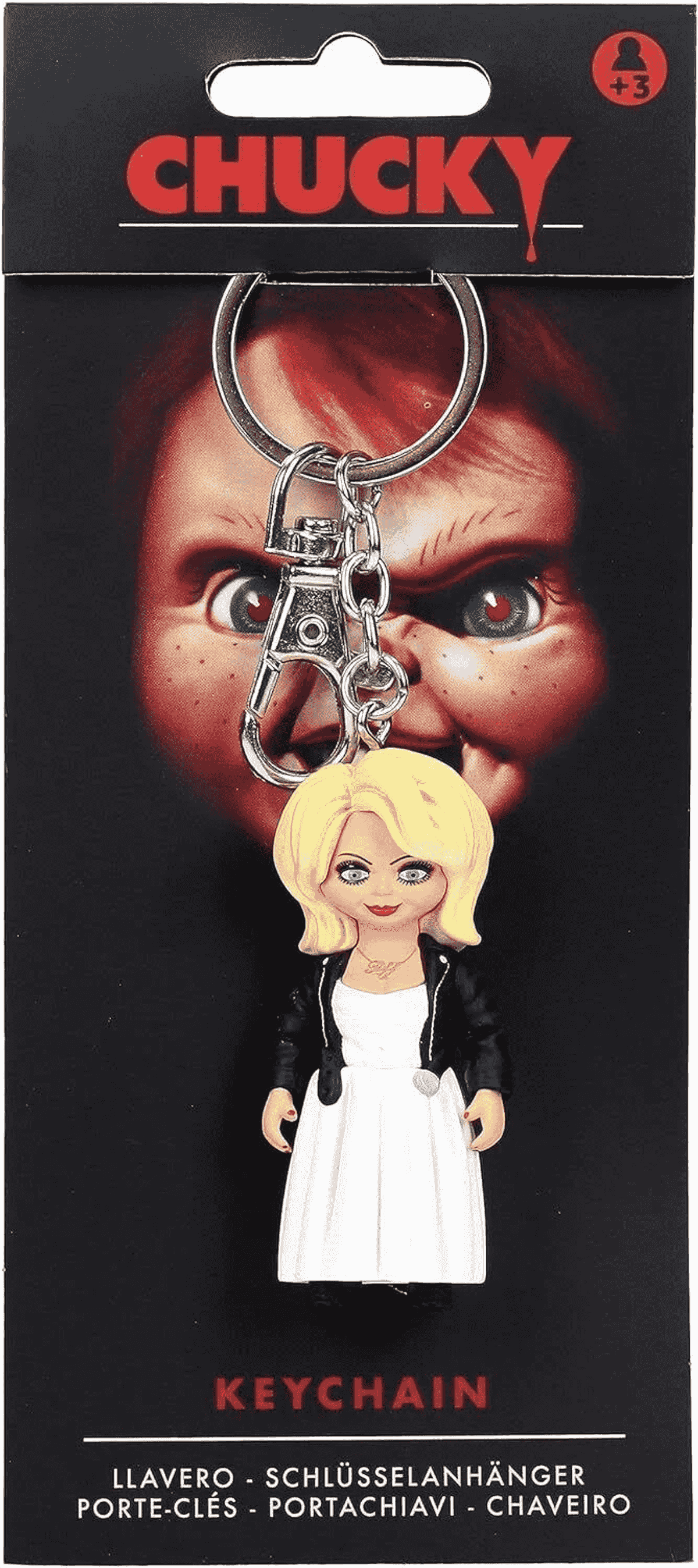 Llavero de Chucky con figura de Tiffany y embalaje del producto.