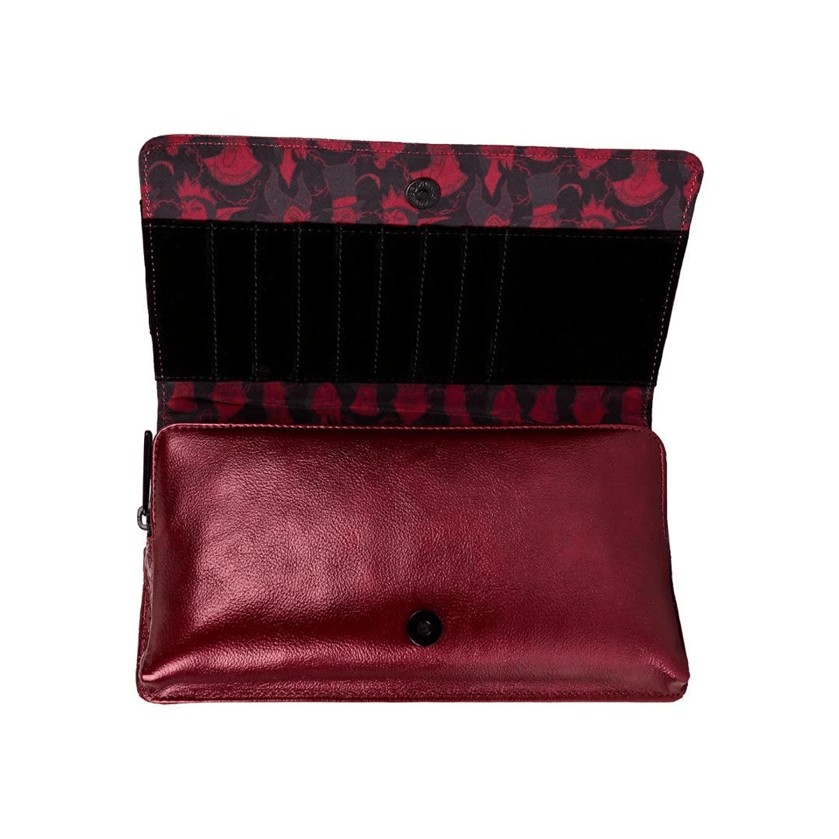 Una cartera burdeos abierta con forro floral y compartimentos.