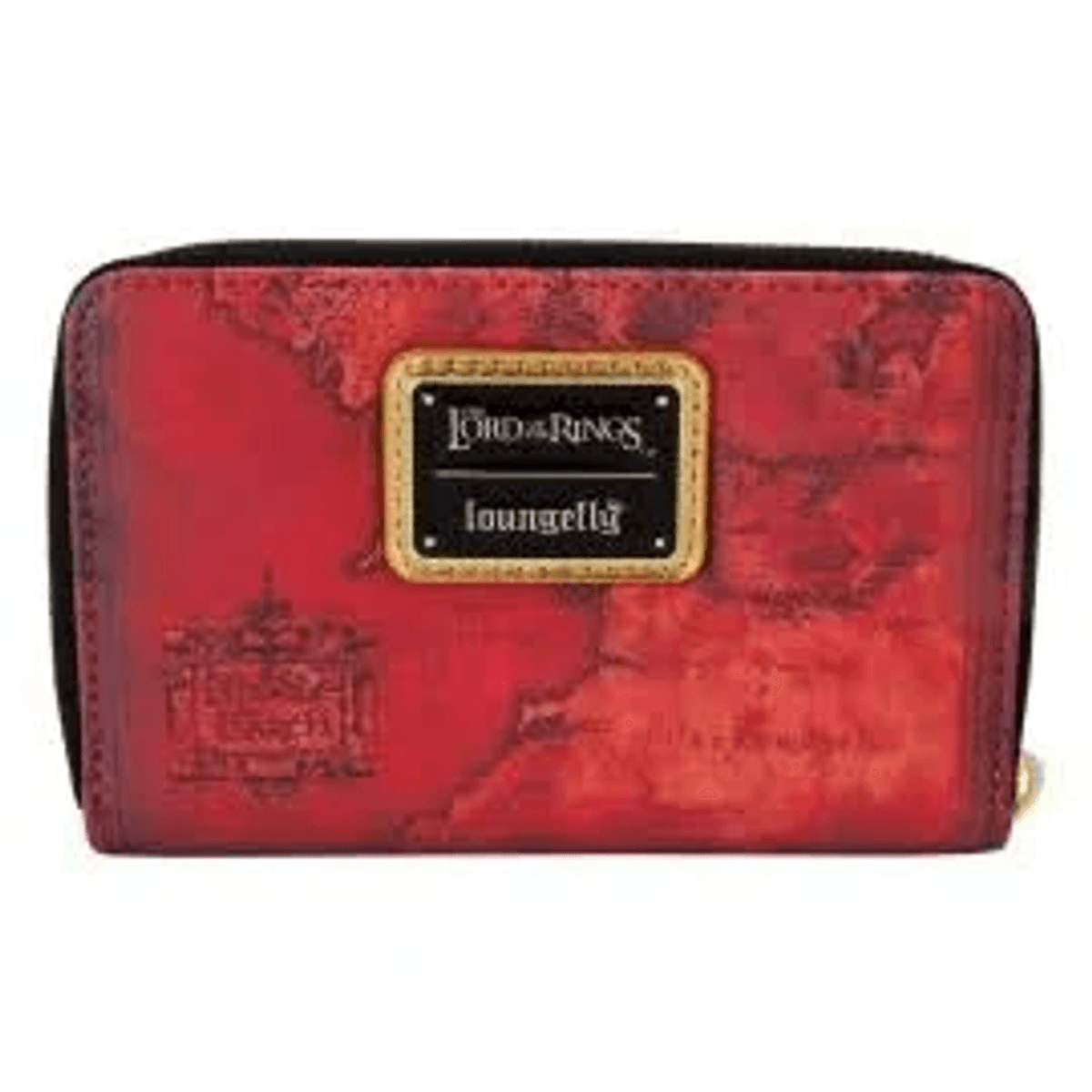 Cartera roja con mapa y logo de Lord of the Rings.