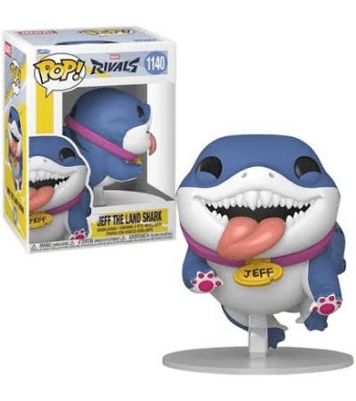 Funko Pop von Jeff dem Landhai mit herausgestreckter Zunge, in Verpackung.