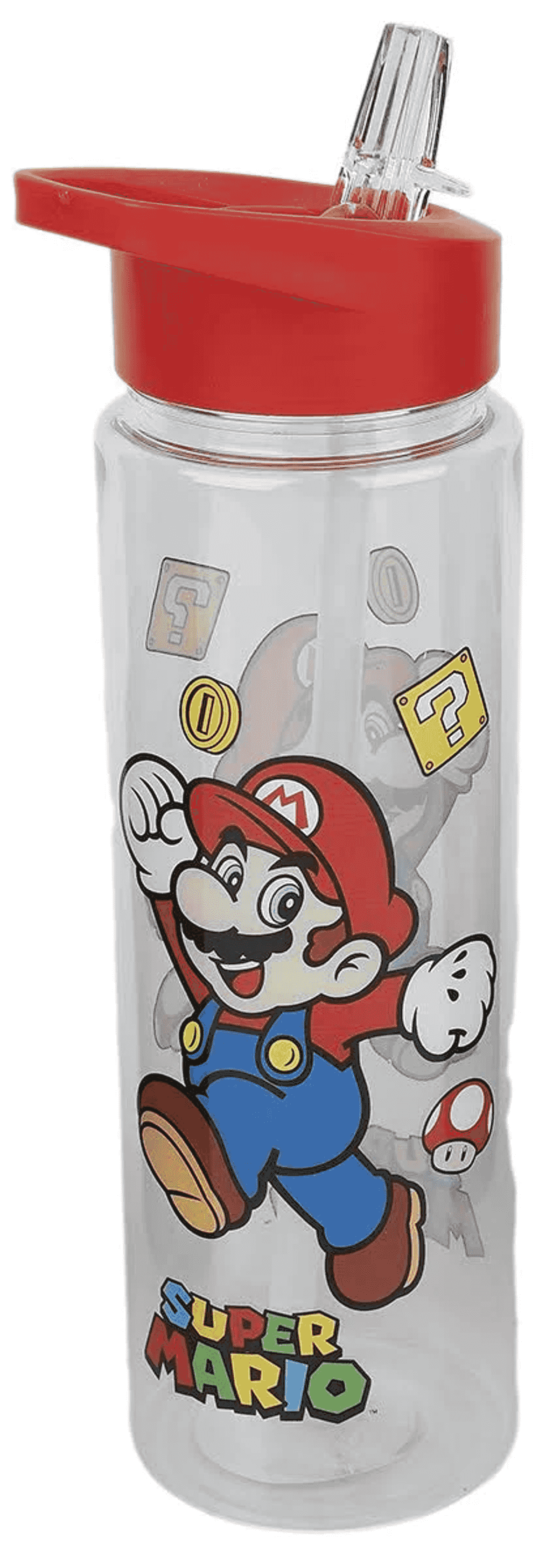Una bottiglia trasparente con coperchio rosso e grafica di Mario.