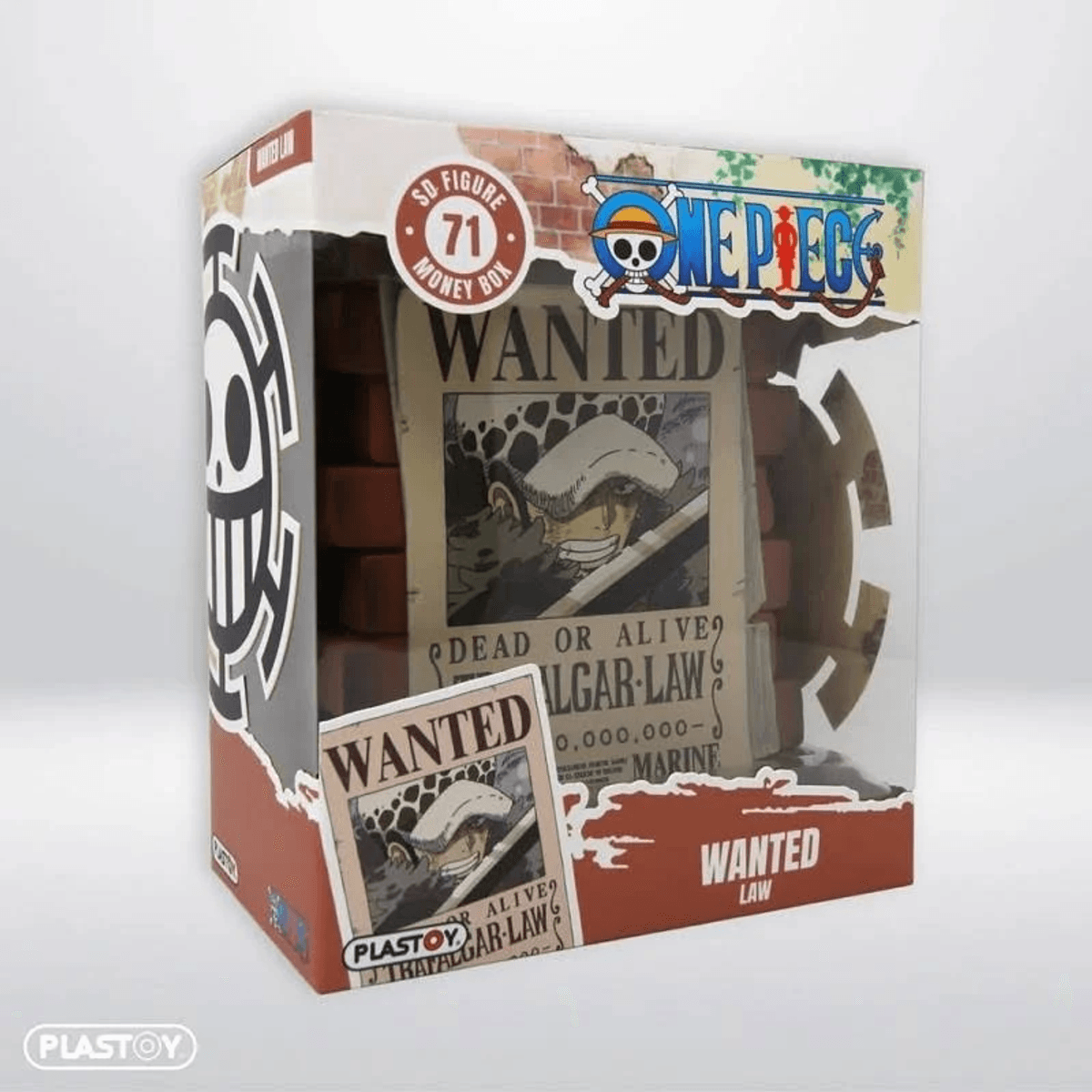 Embalaje de caja de dinero con figura de One Piece Wanted Law e imagen del personaje.