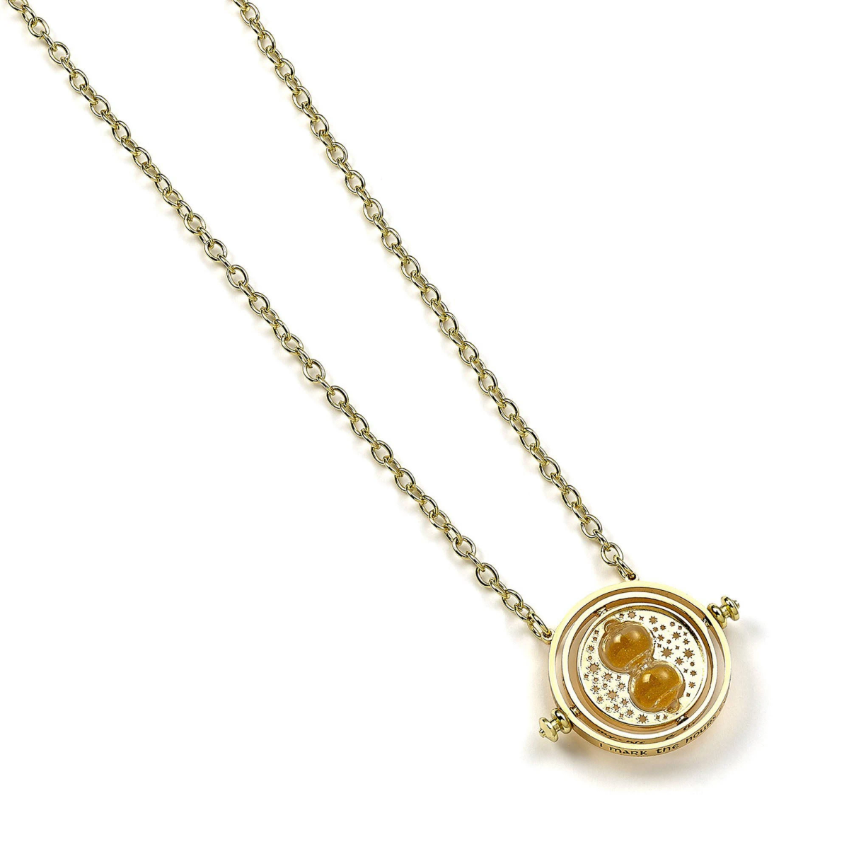 Collar de oro con colgante de reloj de arena dorado y cuentas ámbar en su interior.