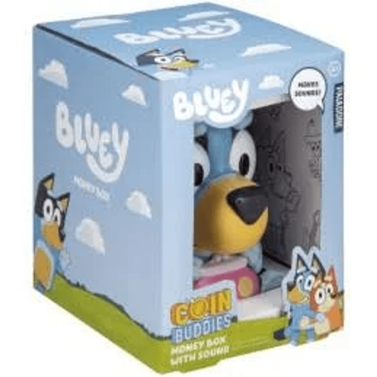Hucha Bluey Coin Buddies con sonido, figura de perro azul en caja.