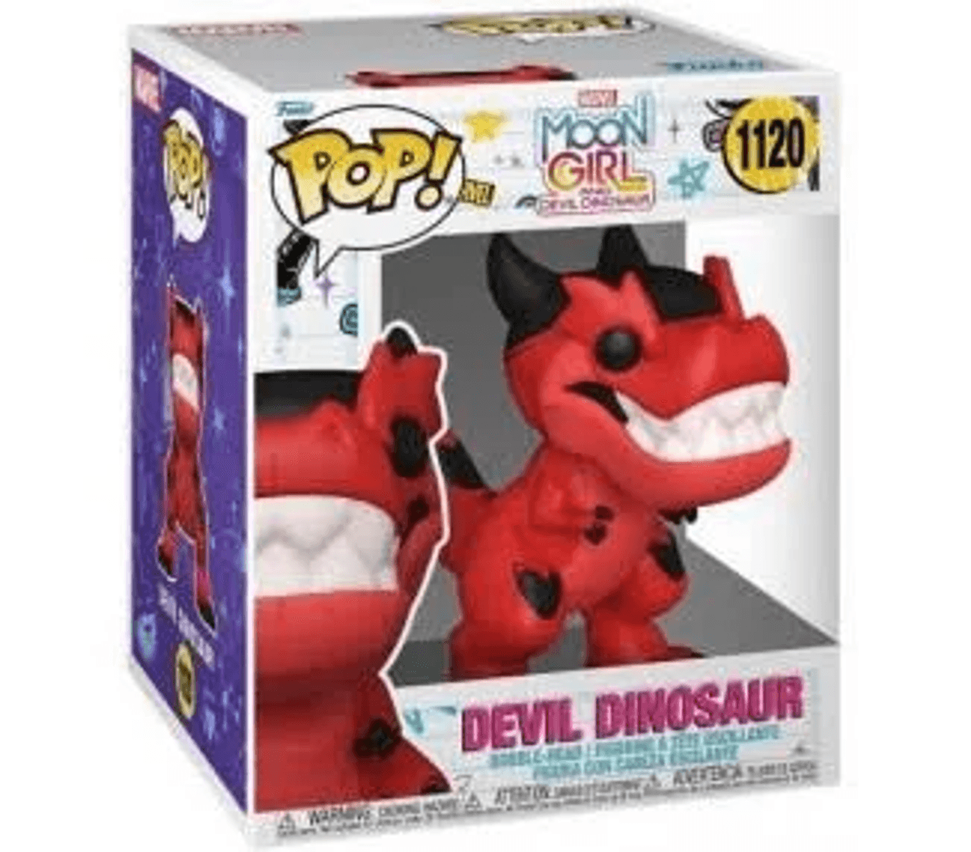 Figura Funko Pop del Dinosaurio Diablo, roja con cuernos y manchas negras.