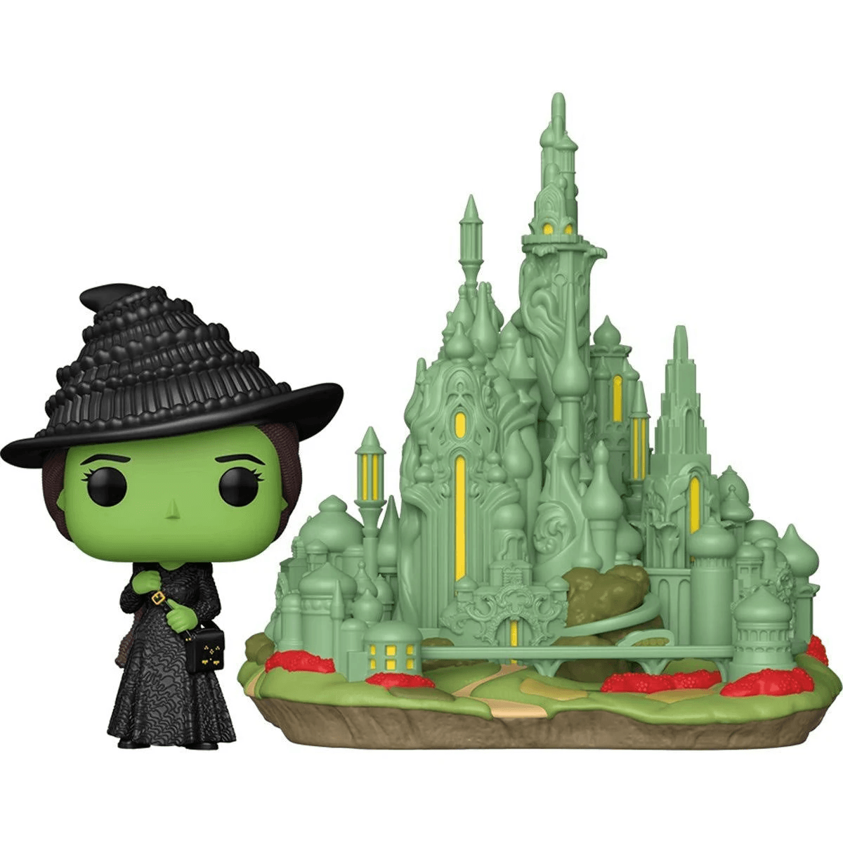Bruja verde con sombrero y vestido negro junto a un castillo verde con ventanas amarillas.