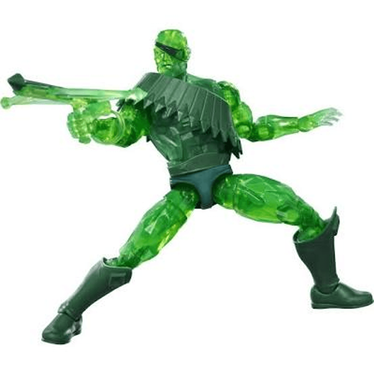 Una figura de acción verde translúcida con parche en el ojo sostiene un arma verde.