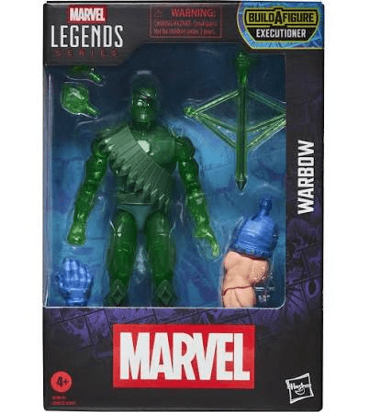 Figura verde de Marvel Legends con accesorios en caja, etiqueta 'Warbow'.