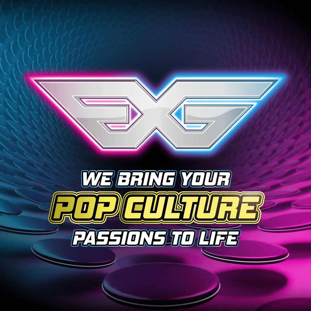 Logo mit Neonlicht, Text: Wir bringen Ihre Popkultur-Leidenschaften zum Leben.