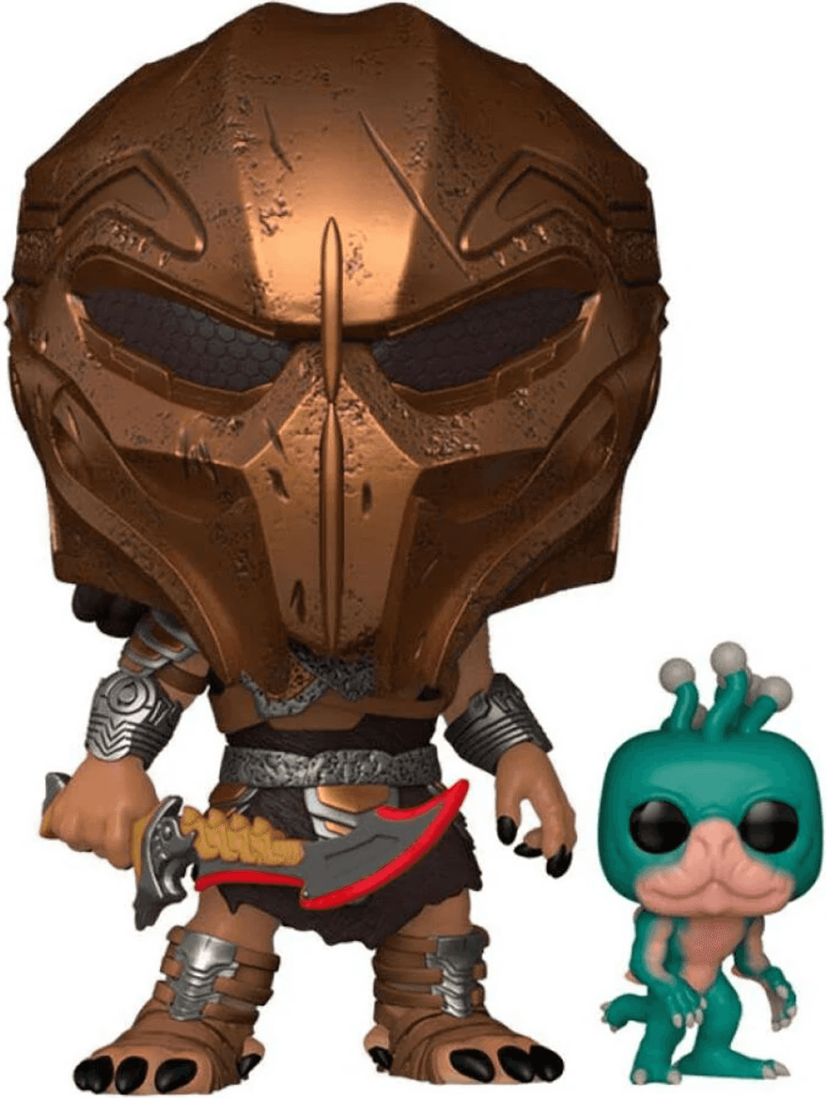 Una figura guerrera de bronce con casco y un pequeño personaje alienígena verde.
