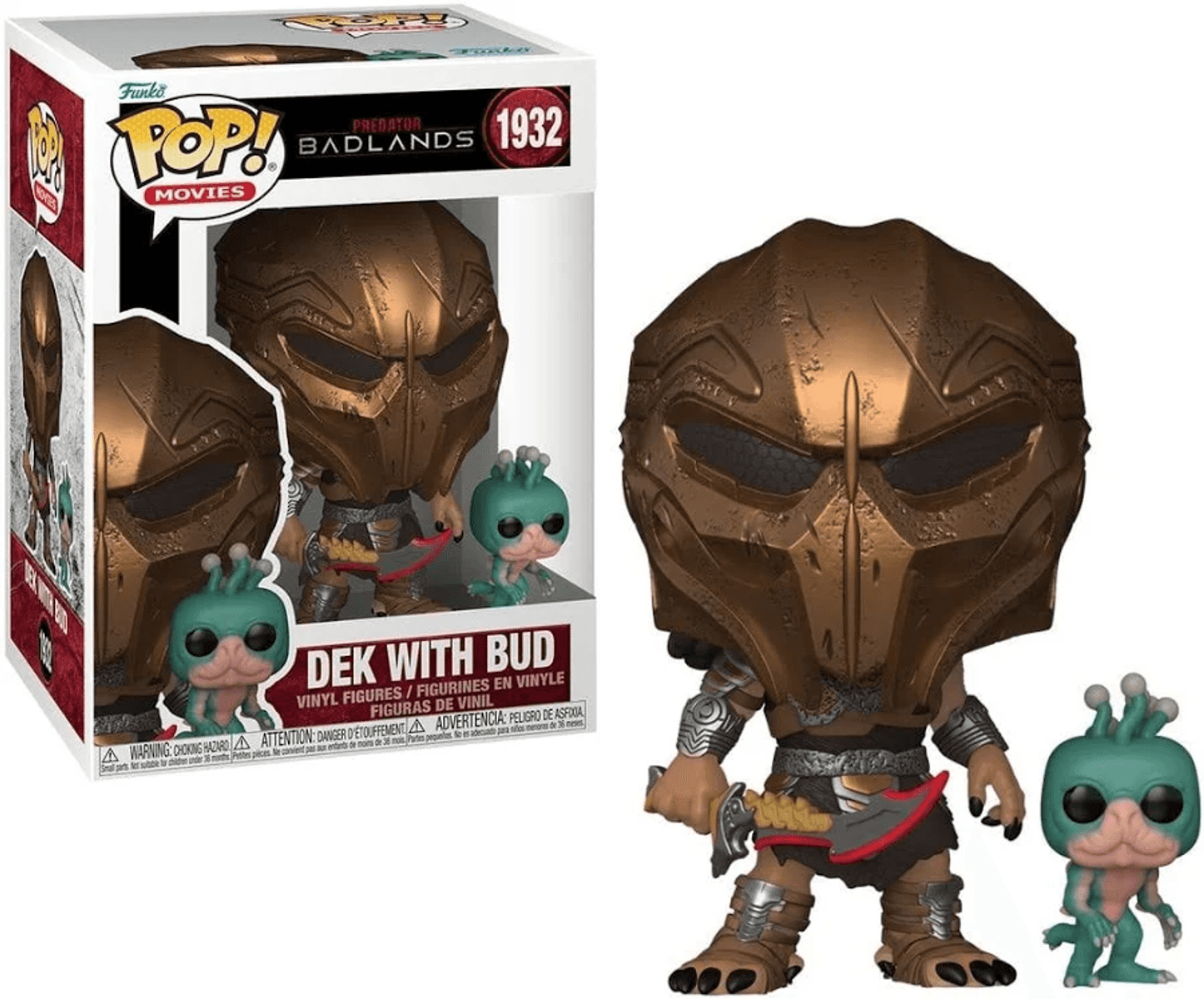 Figura Funko Pop de Predator con pequeño compañero alienígena, armadura bronce.