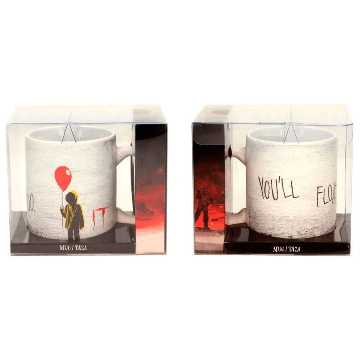 Dos tazas con diseños de IT, una con niño y globo, la otra con texto.