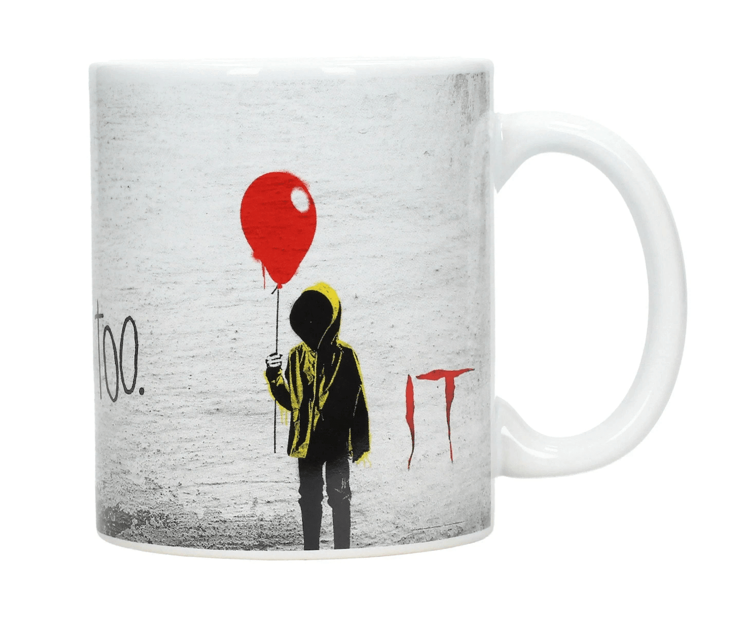 Taza con una plantilla de una figura encapuchada sosteniendo un globo rojo y la palabra IT.