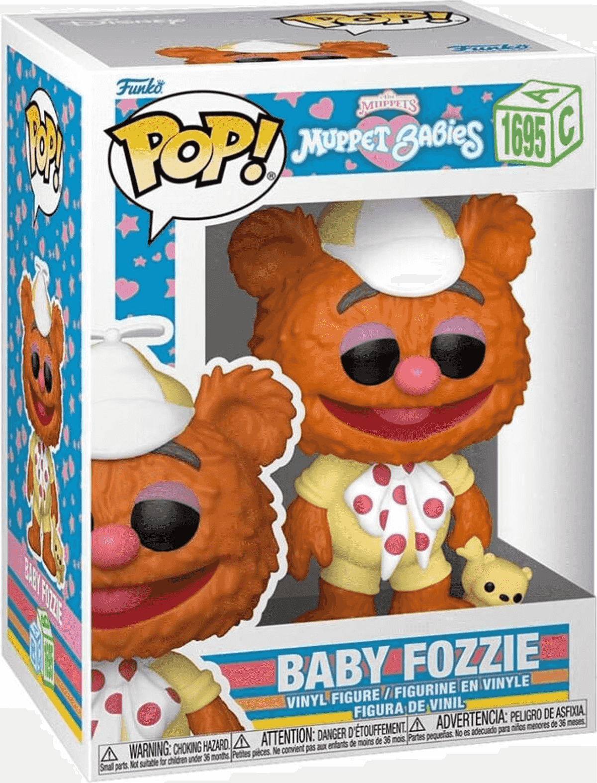 Figura Funko Pop de Baby Fozzie en caja, oso naranja con gorro blanco.
