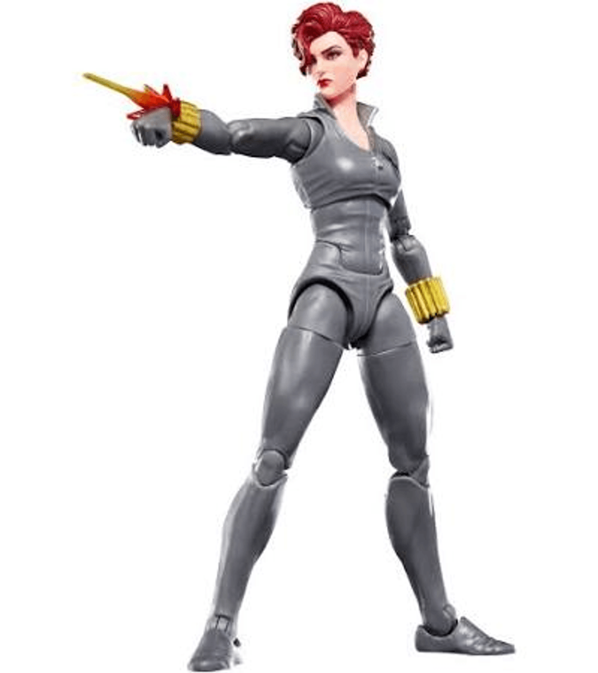 Figura de acción de Black Widow con traje gris y pelo rojo, disparando un arma.