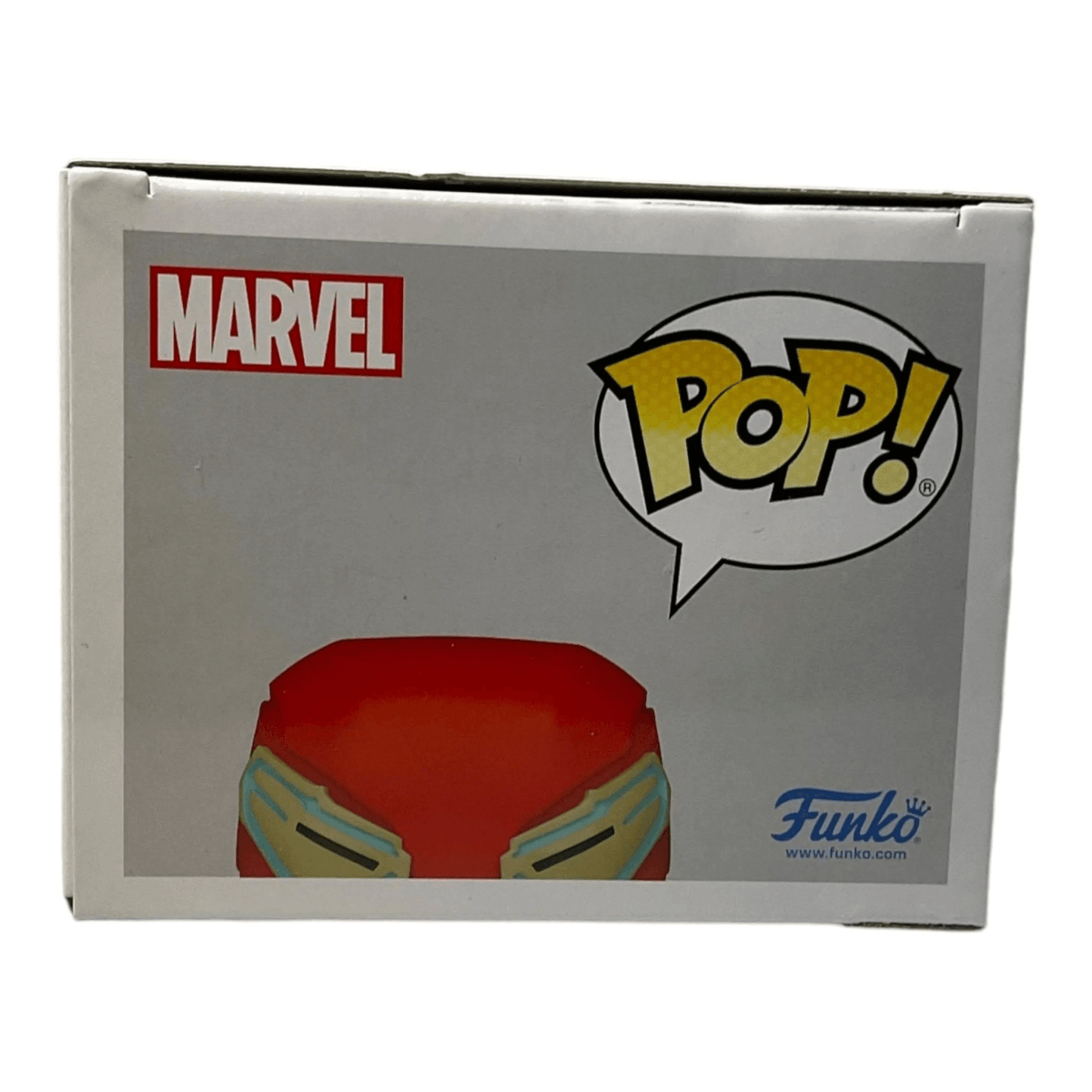 Caja Funko Pop de Iron Man de Marvel con el logo. Casco rojo con detalles dorados.