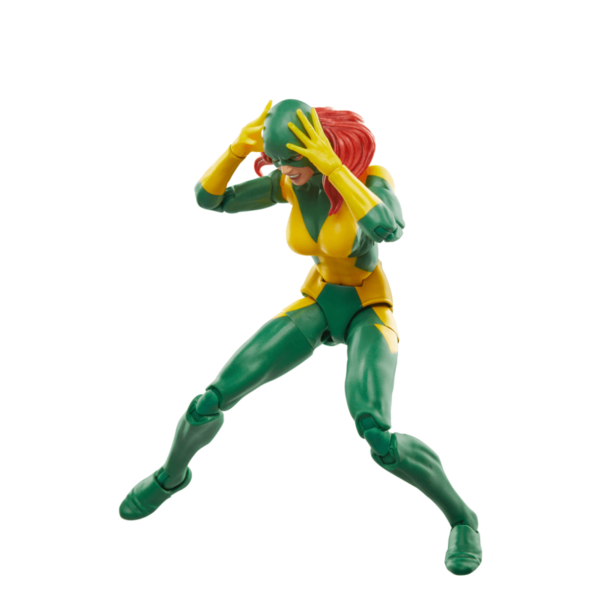 Una figura de acción de una mujer con un traje de superheroína verde y amarillo.